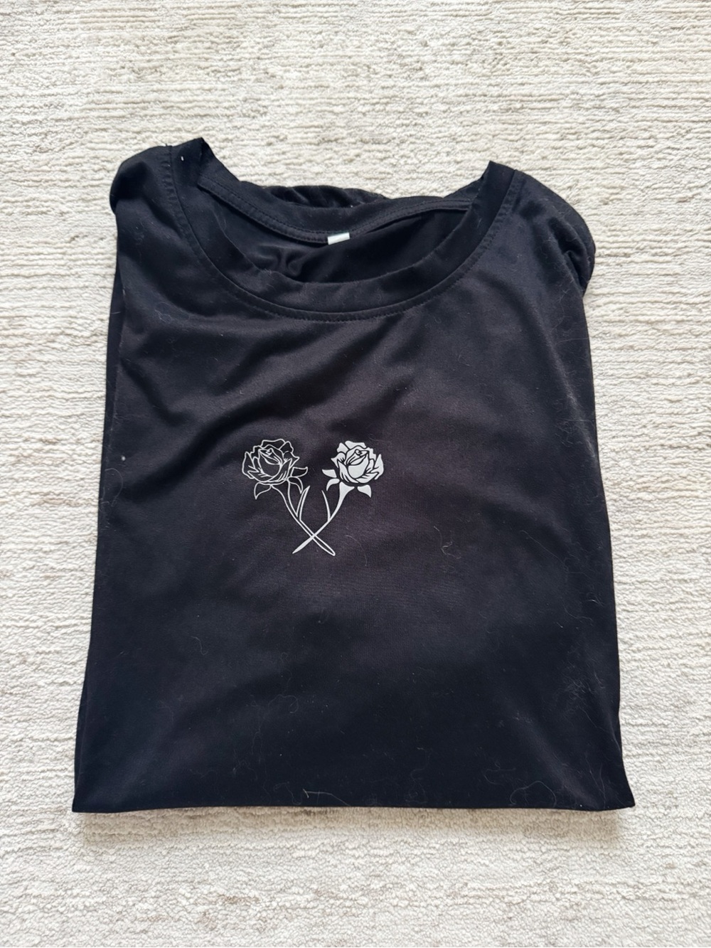 Shein Black Tee with White Rose Graphic (Size Large)